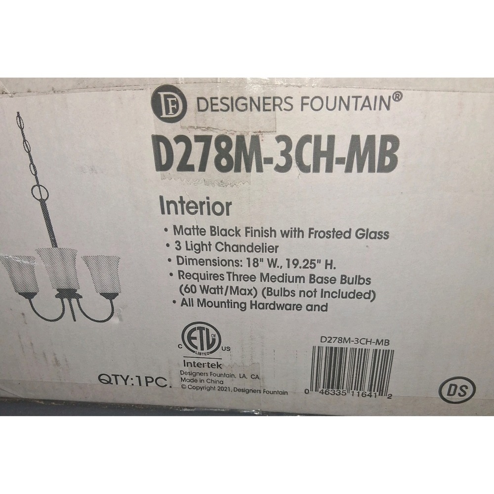 Designers Fountain Matte Black 3-Light Chandelier with Frosted Glass